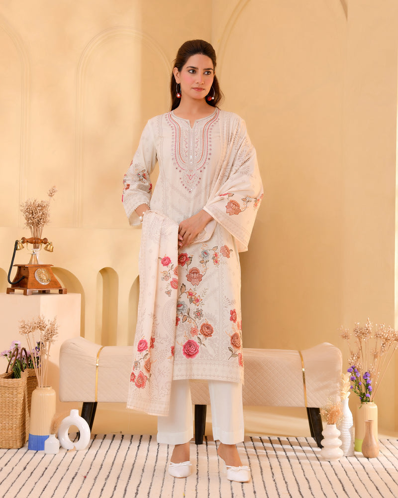 (Vaasva) Women cream hand embroidered placement printed suit set (Set of 5pc)