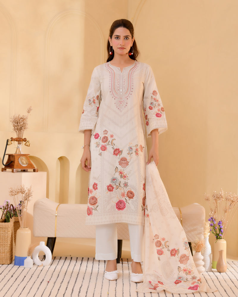(Vaasva) Women cream hand embroidered placement printed suit set (Set of 5pc)