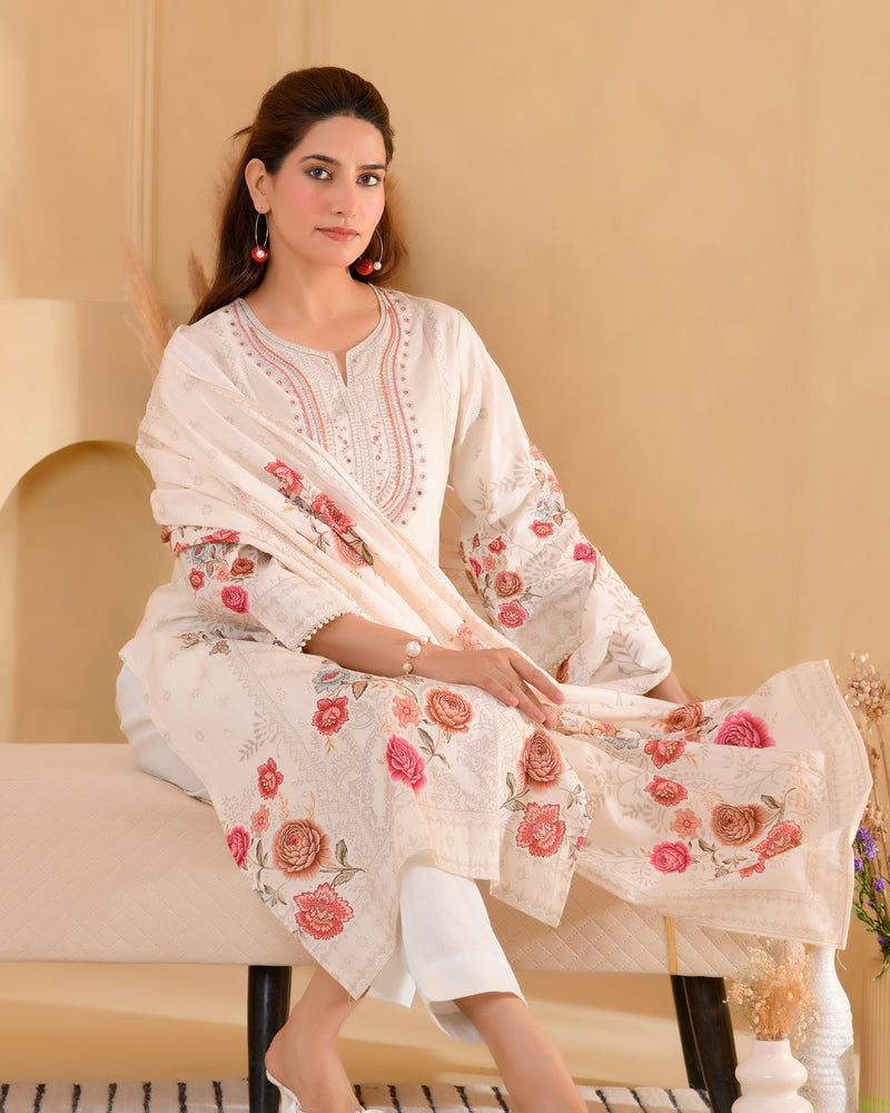 (Vaasva) Women cream hand embroidered placement printed suit set (Set of 5pc)