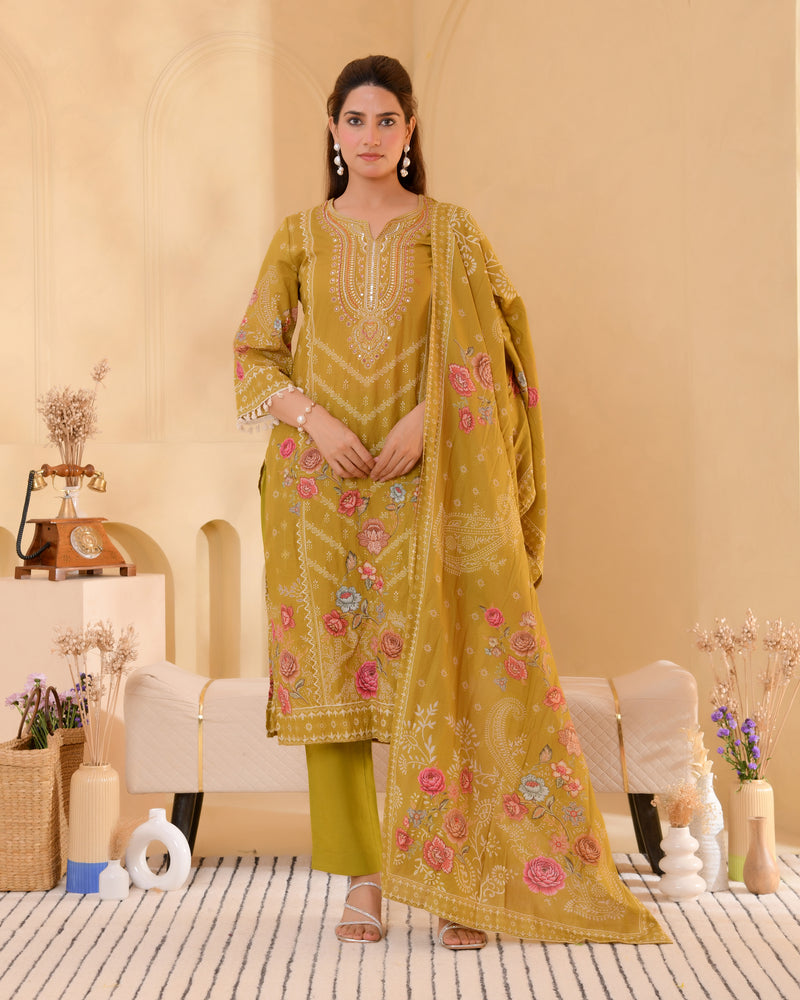 (Vaasva) Women mustard hand embroidered placement printed suit set (Set of 5pc)