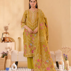 (Vaasva) Women mustard hand embroidered placement printed suit set (Set of 5pc)