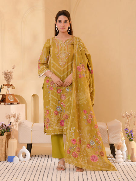 (Vaasva) Women mustard hand embroidered placement printed suit set (Set of 5pc)