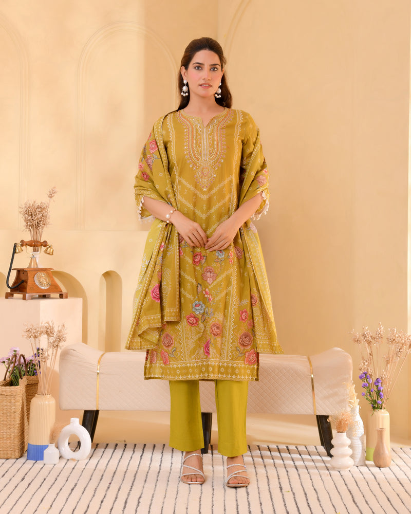 (Vaasva) Women mustard hand embroidered placement printed suit set (Set of 5pc)