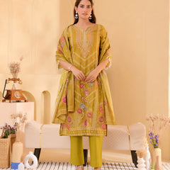 (Vaasva) Women mustard hand embroidered placement printed suit set (Set of 5pc)