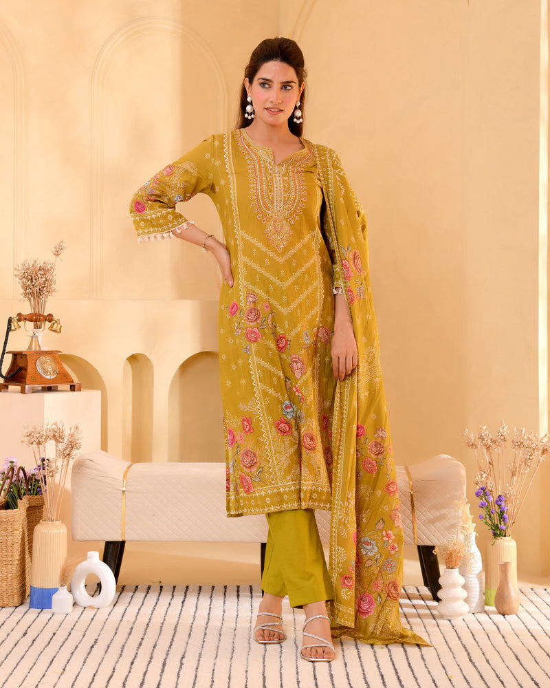 (Vaasva) Women mustard hand embroidered placement printed suit set (Set of 5pc)