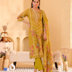 (Vaasva) Women mustard hand embroidered placement printed suit set (Set of 5pc)