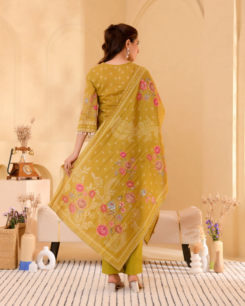 (Vaasva) Women mustard hand embroidered placement printed suit set (Set of 5pc)