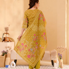 (Vaasva) Women mustard hand embroidered placement printed suit set (Set of 5pc)
