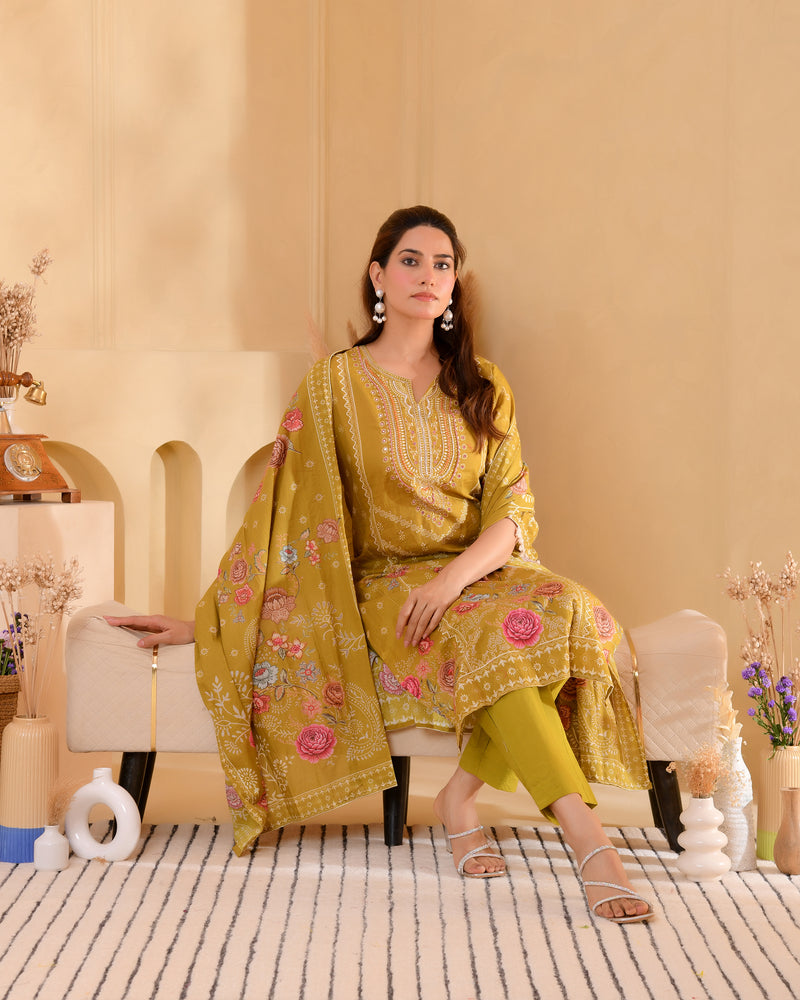 (Vaasva) Women mustard hand embroidered placement printed suit set (Set of 5pc)