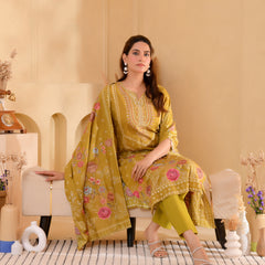 (Vaasva) Women mustard hand embroidered placement printed suit set (Set of 5pc)