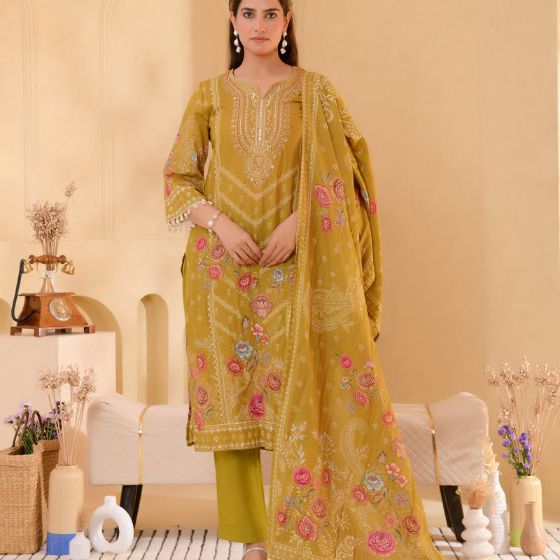 (Vaasva) Women mustard hand embroidered placement printed suit set (Set of 5pc)