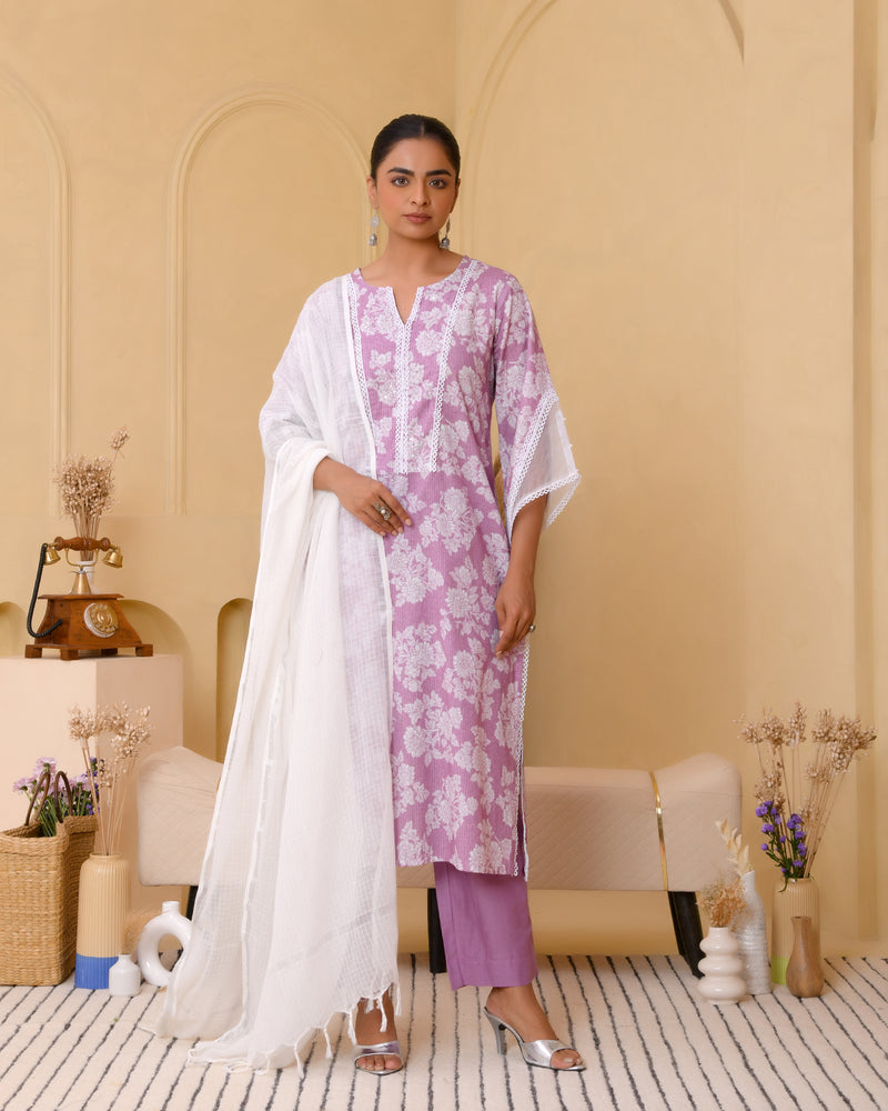 (Vaasva) Women lavender printed suit set with handwork (Set of 5pc)