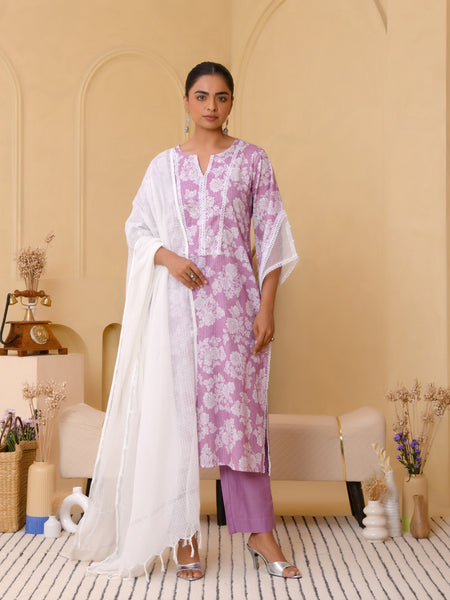 (Vaasva) Women lavender printed suit set with handwork (Set of 5pc)