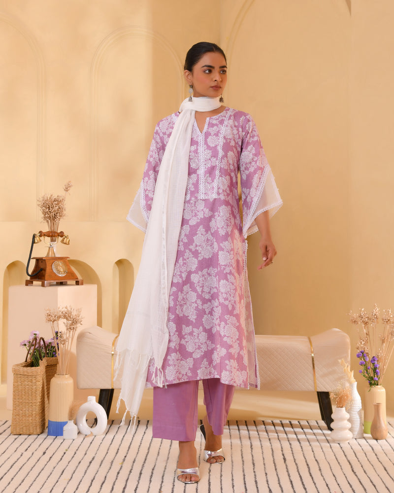 (Vaasva) Women lavender printed suit set with handwork (Set of 5pc)