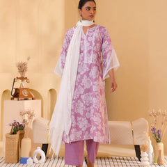 (Vaasva) Women lavender printed suit set with handwork (Set of 5pc)