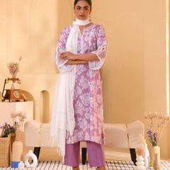 (Vaasva) Women lavender printed suit set with handwork (Set of 5pc)