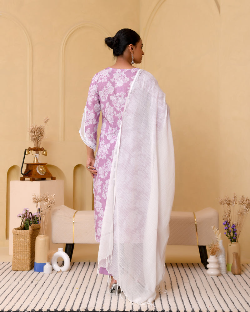 (Vaasva) Women lavender printed suit set with handwork (Set of 5pc)