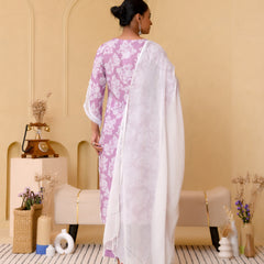 (Vaasva) Women lavender printed suit set with handwork (Set of 5pc)