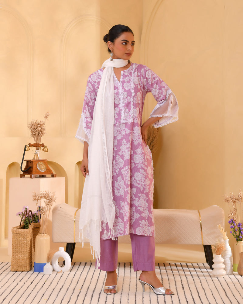 (Vaasva) Women lavender printed suit set with handwork (Set of 5pc)