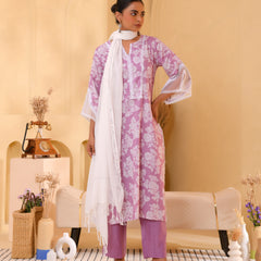 (Vaasva) Women lavender printed suit set with handwork (Set of 5pc)