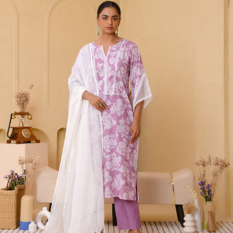 (Vaasva) Women lavender printed suit set with handwork (Set of 5pc)