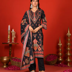 (Vaasva) Women black suit set with printed dupatta (Set of 5pc)
