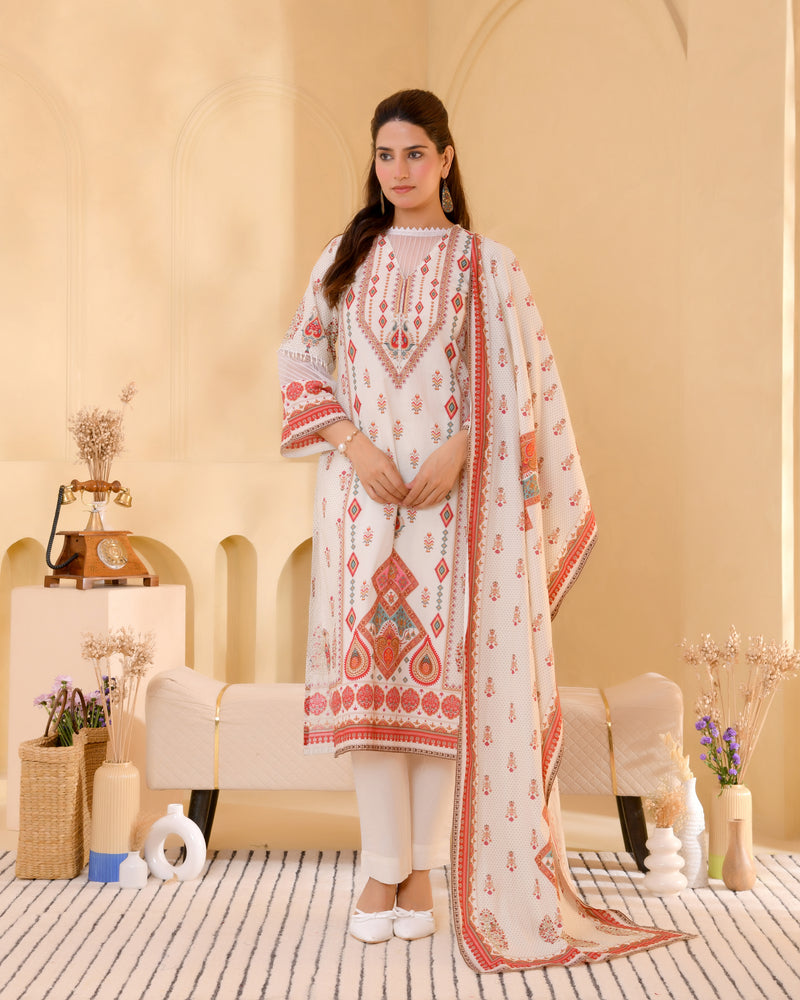 (Vaasva) Women white pakistani tucks suit set with printed dupatta (Set of 5pc)