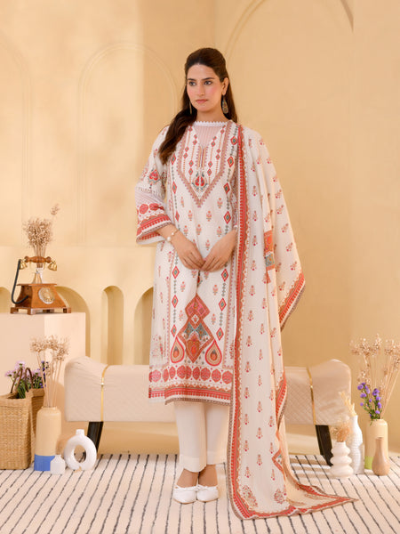 (Vaasva) Women white pakistani tucks suit set with printed dupatta (Set of 5pc)