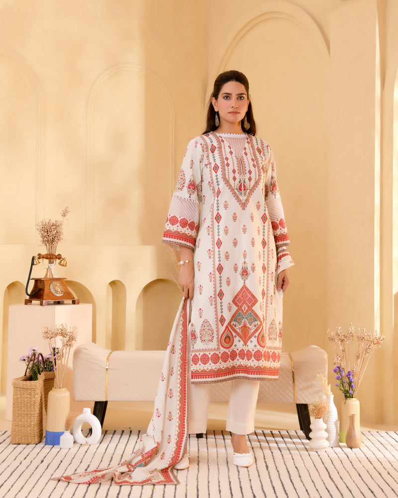 (Vaasva) Women white pakistani tucks suit set with printed dupatta (Set of 5pc)