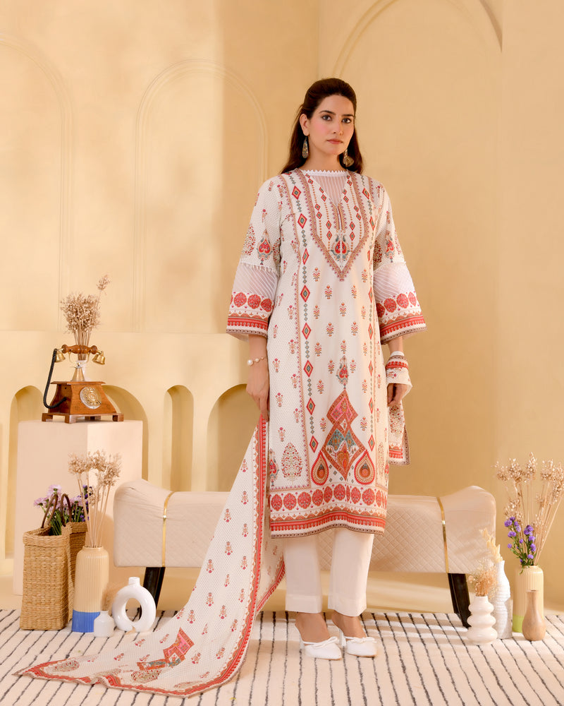 (Vaasva) Women white pakistani tucks suit set with printed dupatta (Set of 5pc)