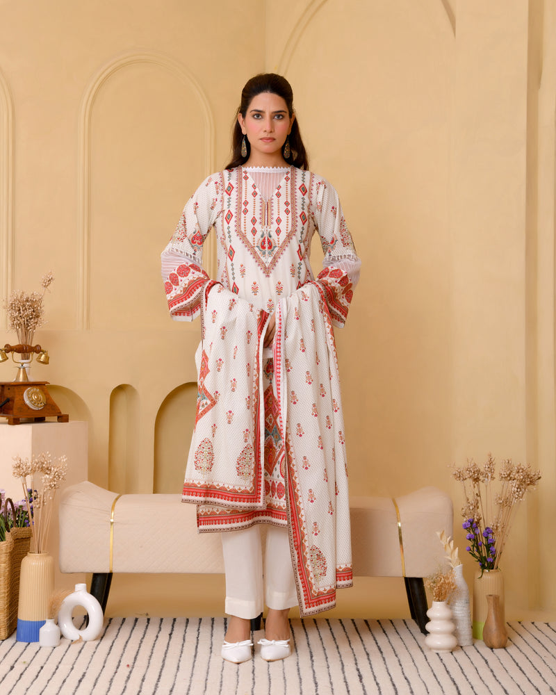 (Vaasva) Women white pakistani tucks suit set with printed dupatta (Set of 5pc)