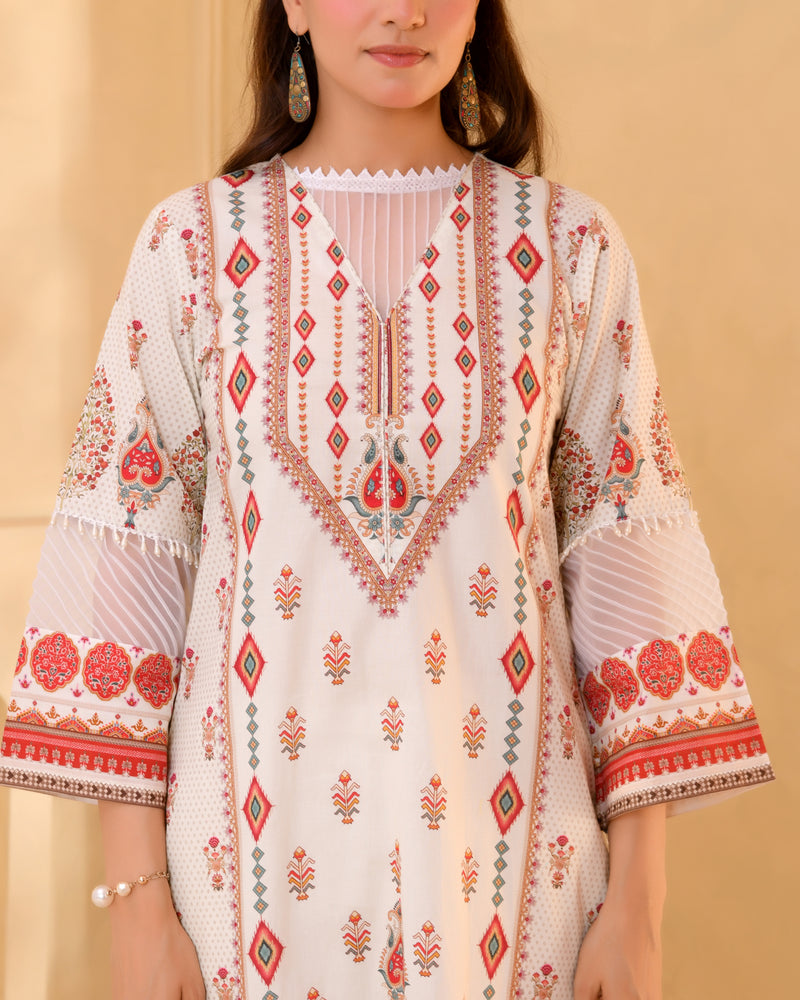 (Vaasva) Women white pakistani tucks suit set with printed dupatta (Set of 5pc)