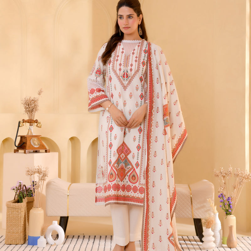 (Vaasva) Women white pakistani tucks suit set with printed dupatta (Set of 5pc)