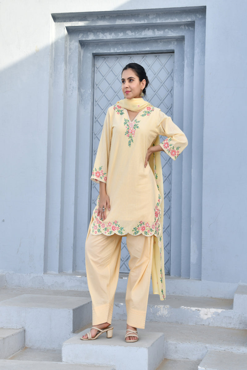 (Vaasva) Women lemon multi embroidered farshi salwar set (Set of 5pc)