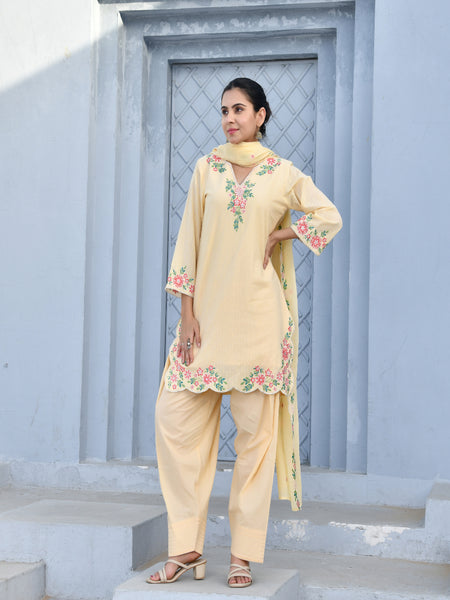(Vaasva) Women lemon multi embroidered farshi salwar set (Set of 5pc)