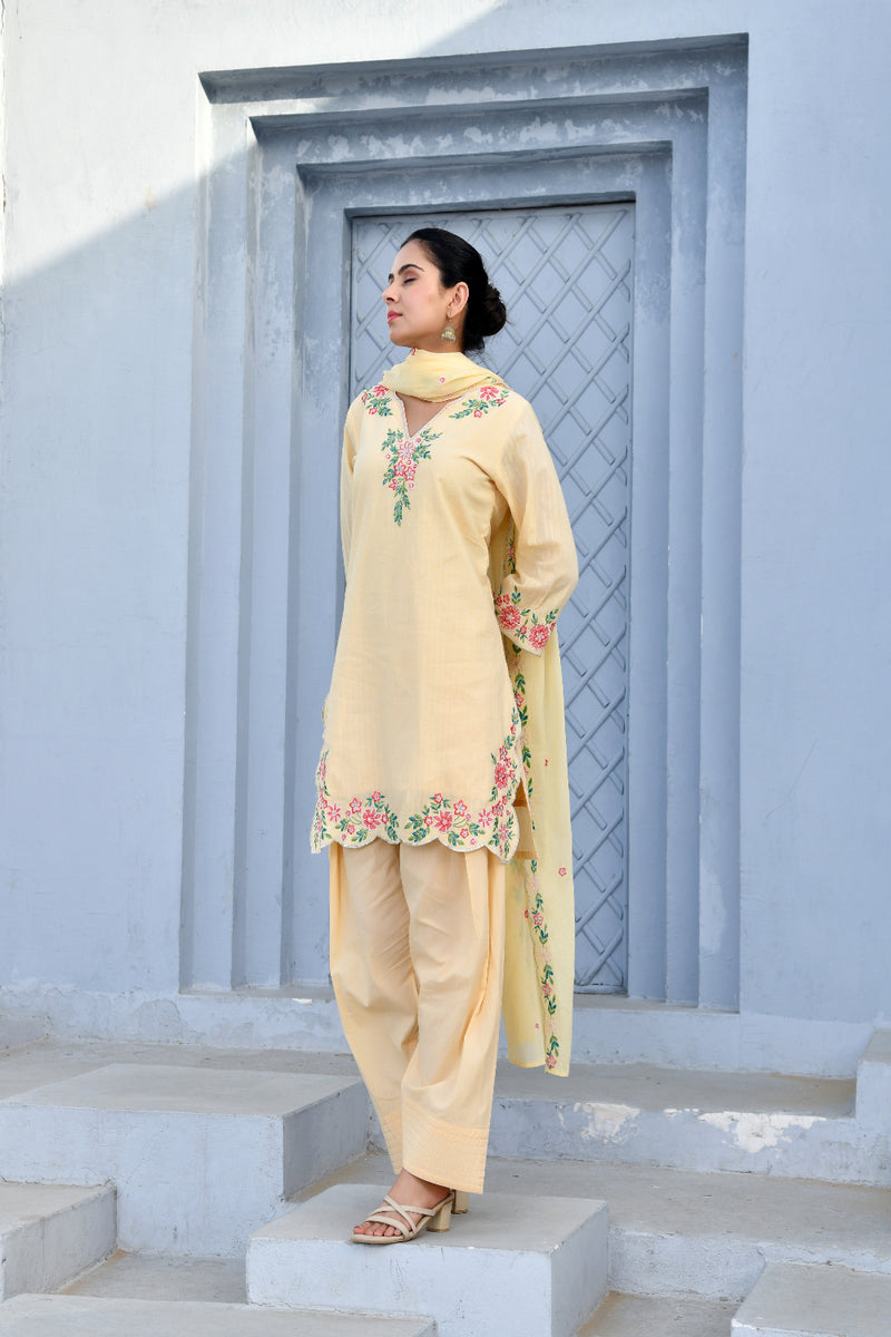 (Vaasva) Women lemon multi embroidered farshi salwar set (Set of 5pc)