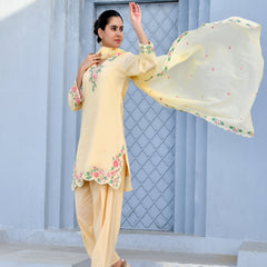 (Vaasva) Women lemon multi embroidered farshi salwar set (Set of 5pc)