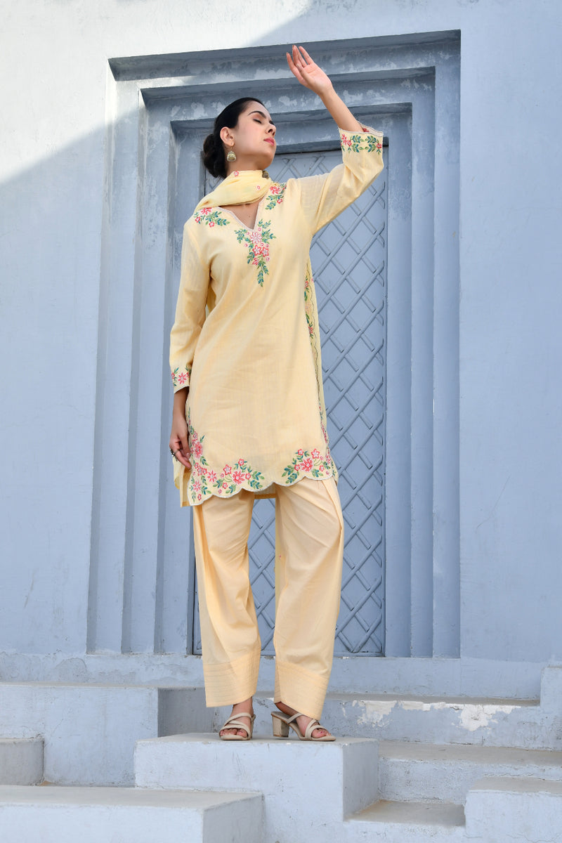 (Vaasva) Women lemon multi embroidered farshi salwar set (Set of 5pc)