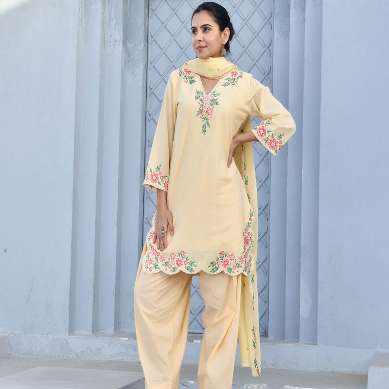 (Vaasva) Women lemon multi embroidered farshi salwar set (Set of 5pc)