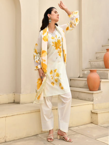 (Vaasva) Women floral yellow printed farshi salwar set (Set of 5pc)