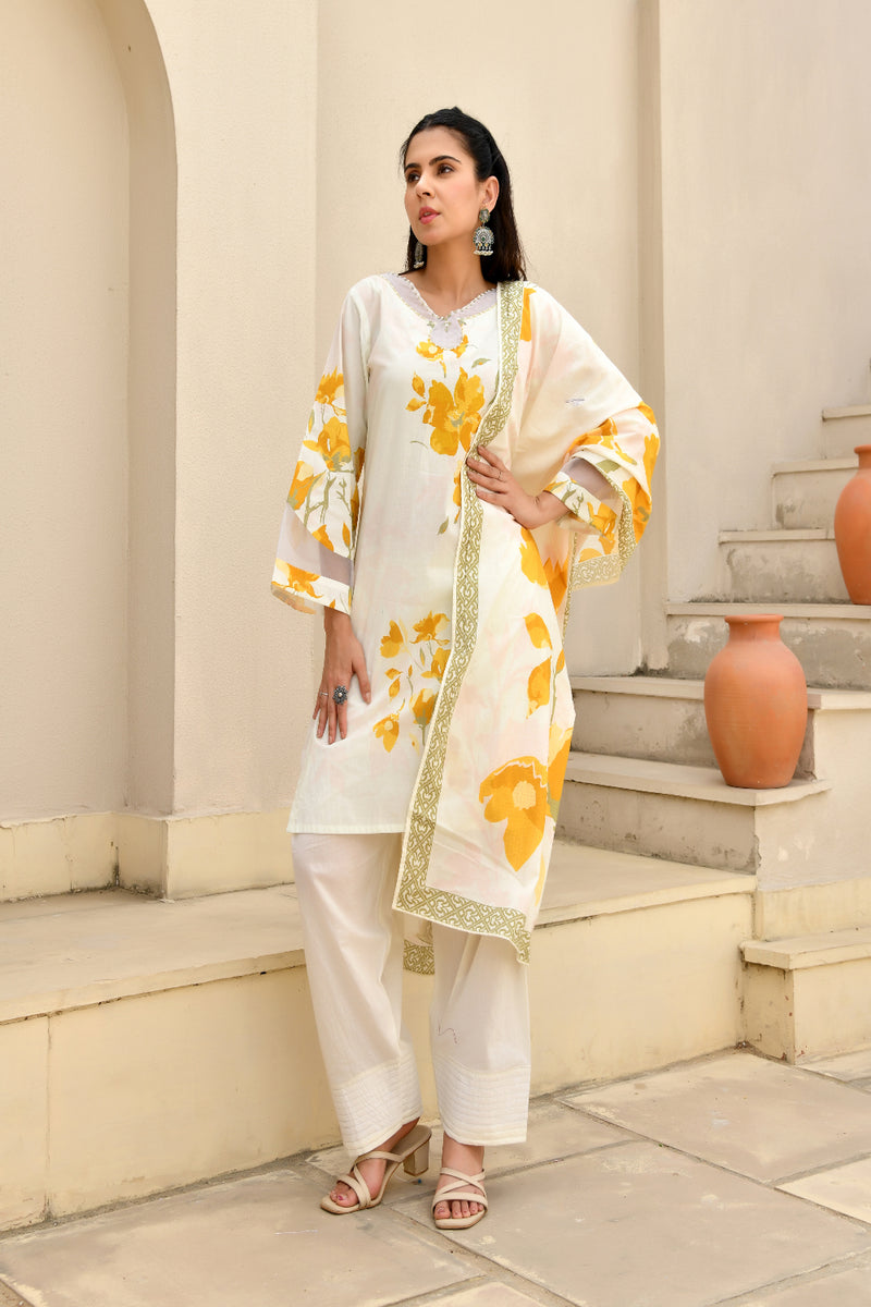 (Vaasva) Women floral yellow printed farshi salwar set (Set of 5pc)