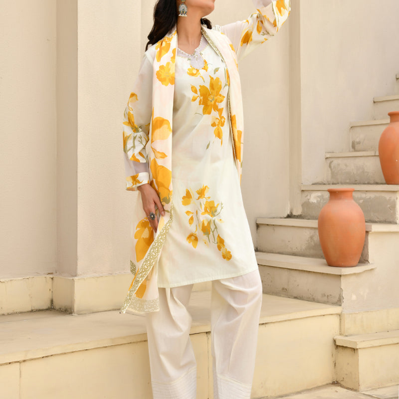 (Vaasva) Women floral yellow printed farshi salwar set (Set of 5pc)