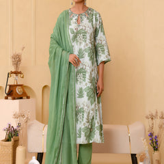 (Vaasva) Women green floral printed aline suit set (Set of 5pc)