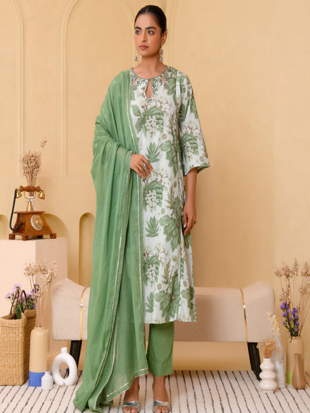 (Vaasva) Women green floral printed aline suit set (Set of 5pc)