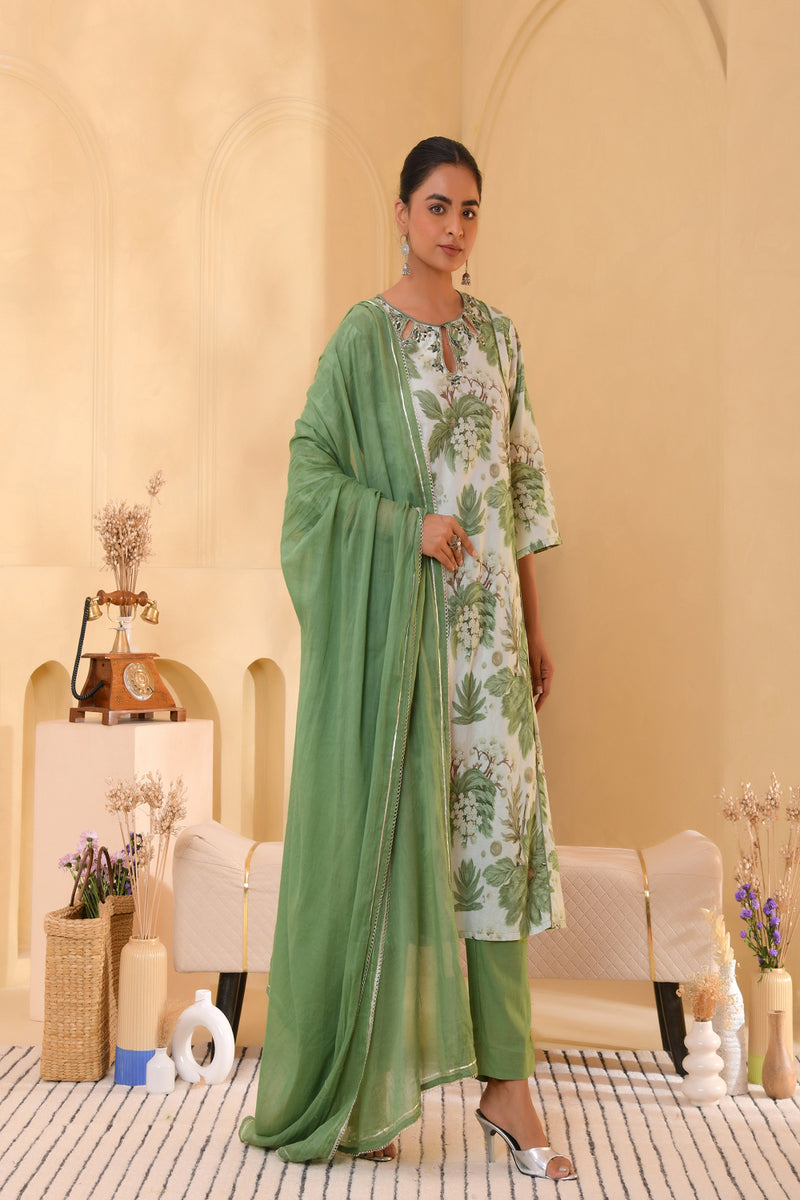 (Vaasva) Women green floral printed aline suit set (Set of 5pc)