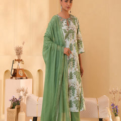 (Vaasva) Women green floral printed aline suit set (Set of 5pc)