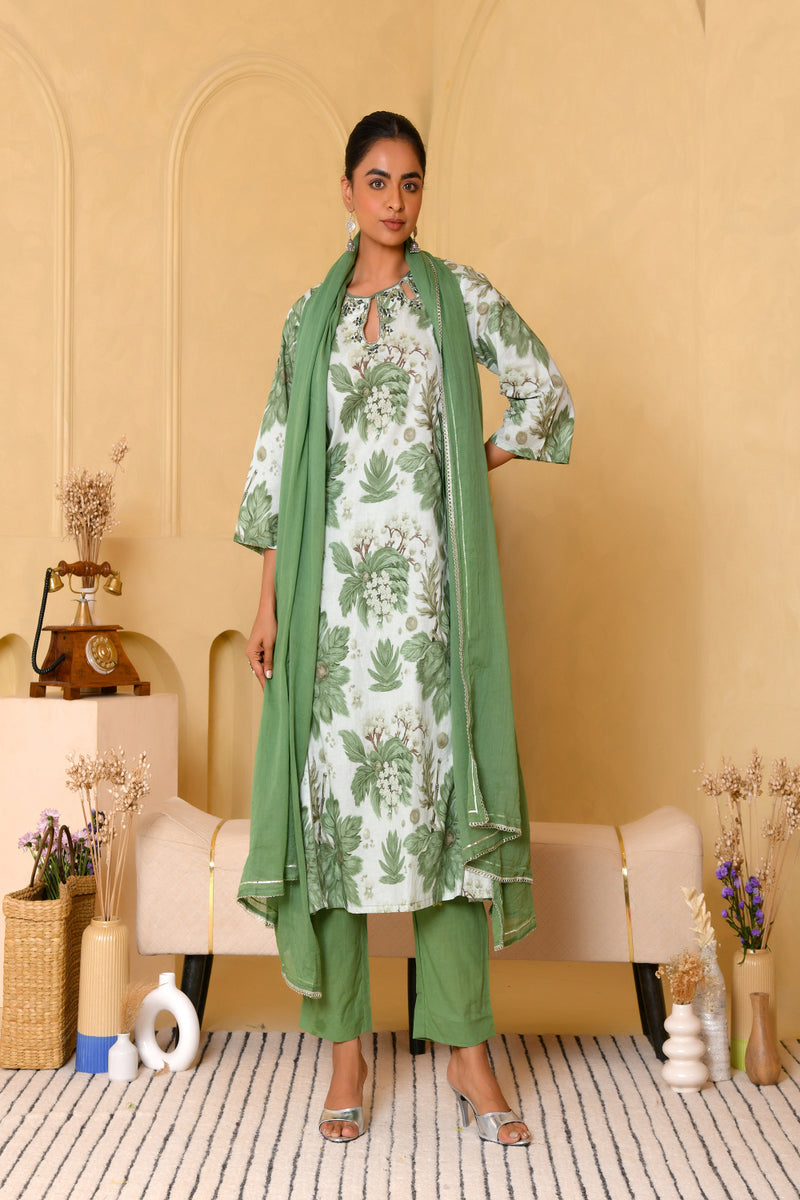 (Vaasva) Women green floral printed aline suit set (Set of 5pc)