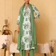 (Vaasva) Women green floral printed aline suit set (Set of 5pc)