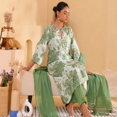 (Vaasva) Women green floral printed aline suit set (Set of 5pc)