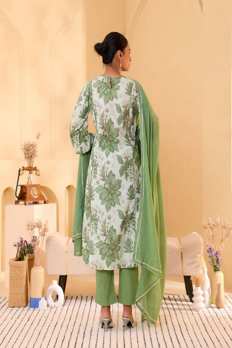 (Vaasva) Women green floral printed aline suit set (Set of 5pc)